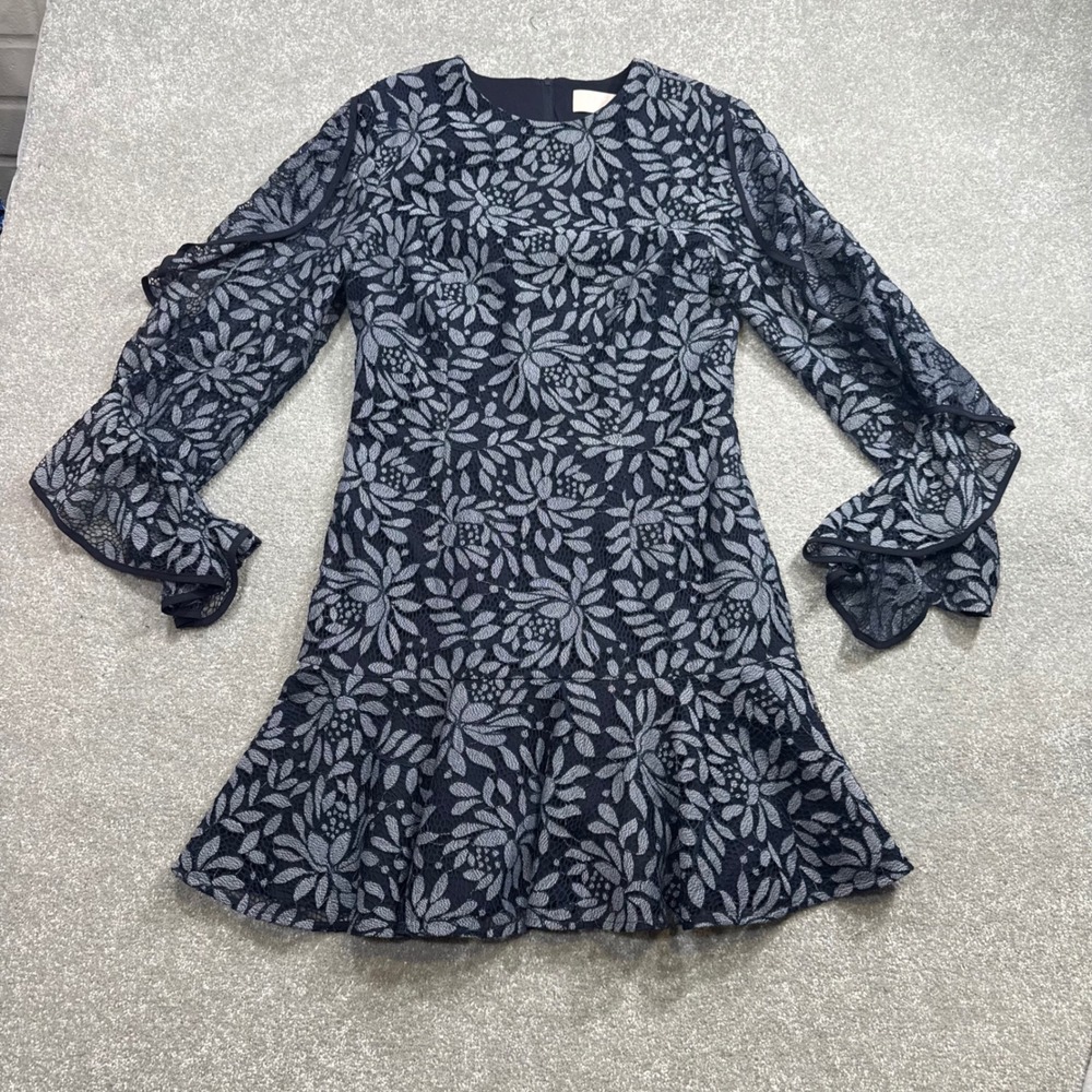 KEEPSAKE Engage Lace Long Sleeve Dress Floral Ruffle Mini Navy Blue Med - Picture 8 of 16